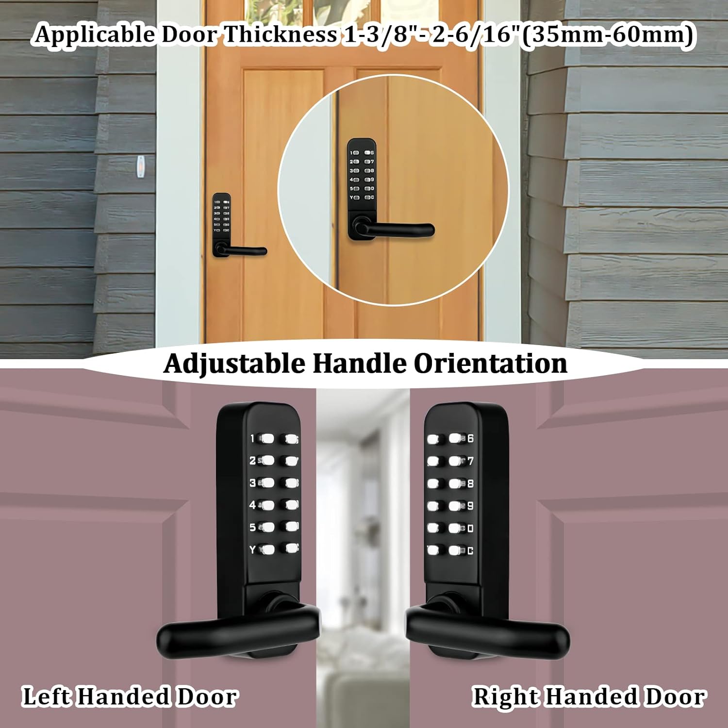 (nero) Serratura meccanica senza chiave con pomello della porta con tastierino, tastiere impermeabili con maniglia, serratura digitale per porta in - 5
