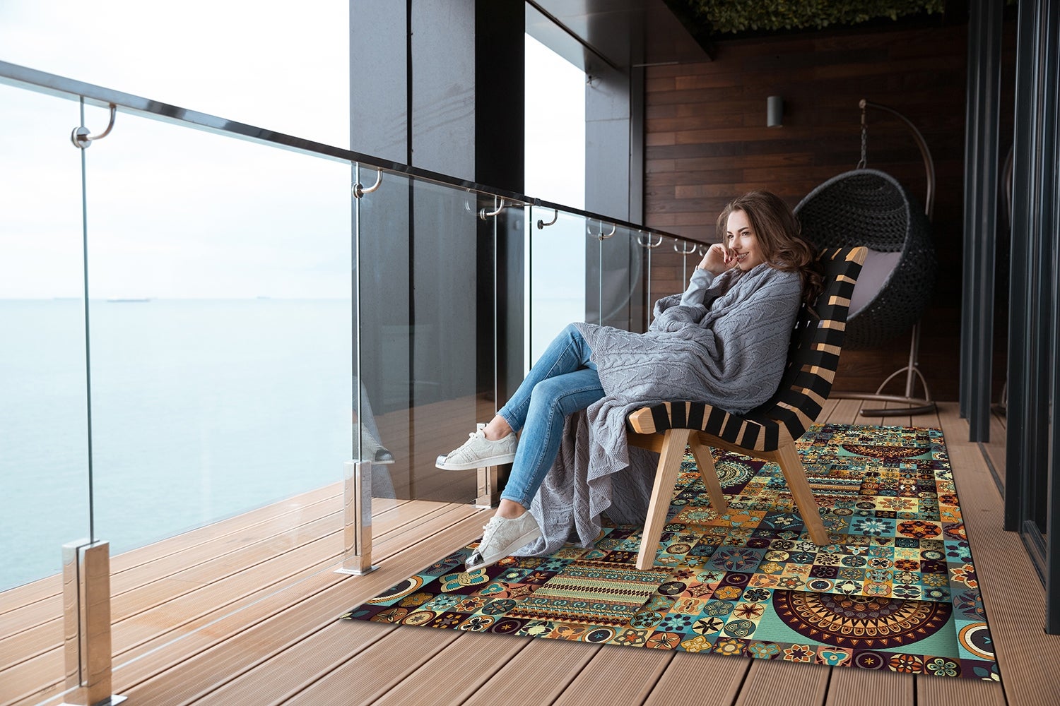 Tapis en vinyl extérieur décoratif mélange carreaux variés style patchwork terrasse 150x225 – Tulup - 3