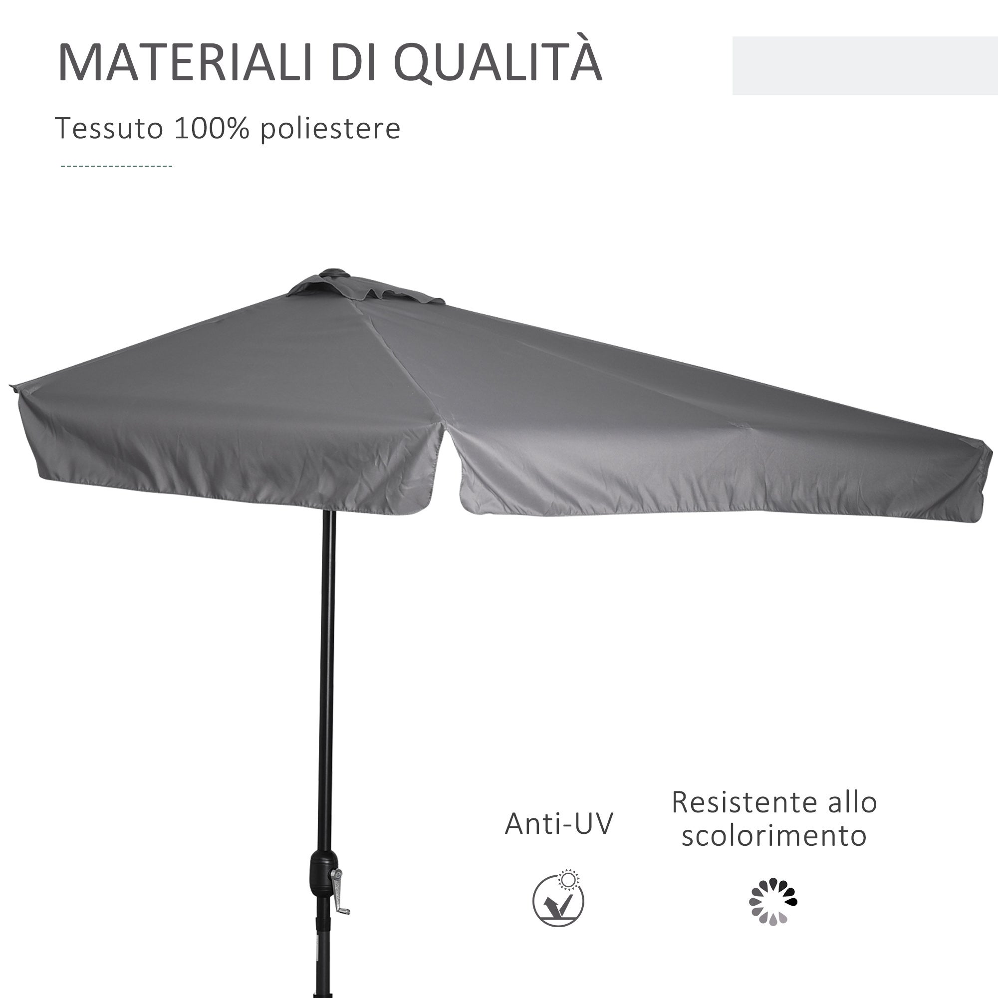Parasol demi-cercle mural 2,5x2,3 m manivelle, gris - 8