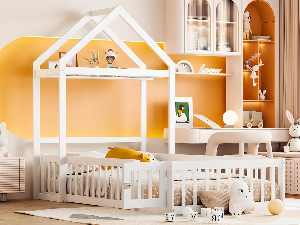 Lit enfant cabane 90x200cm en bois massif avec tringle à vêtements Blanc Leroy Merlin