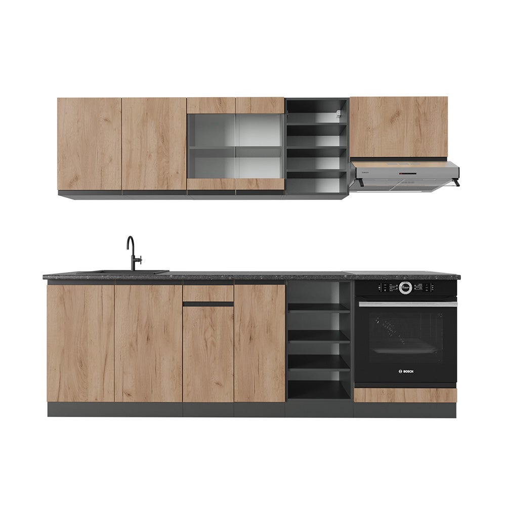 Vicco Zabudowa kuchenna R-Line, Złoty dąb power/antracyt, 240 cm J-Shape, BP Antracyt