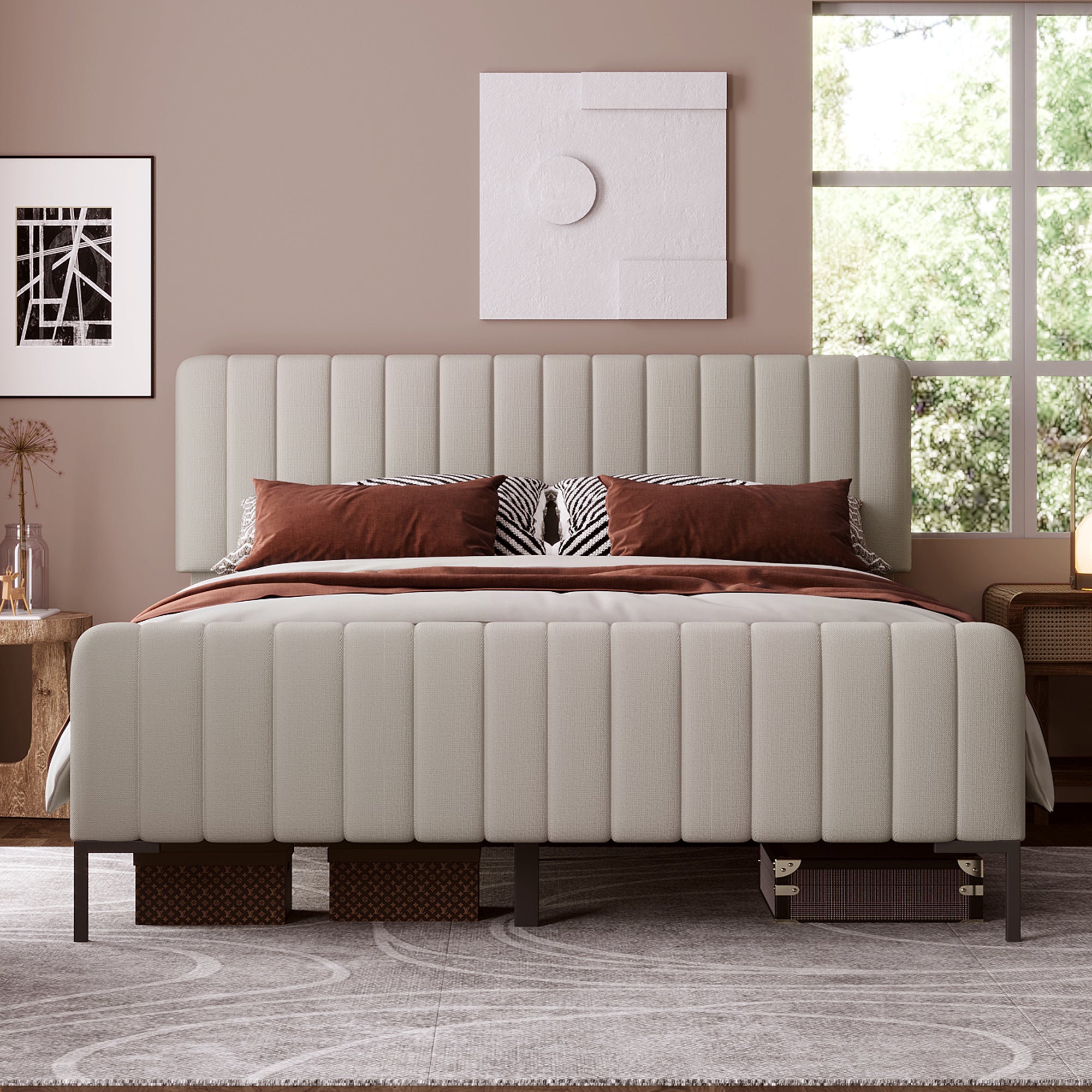 Lit Double Rembourré 140x200cm, Cadre de Lit Tapissé avec Sommier à Lattes et Tête de Lit à Dossier, Pour Ado/Chambre Amis, Gris (Sans Matelas) - 4
