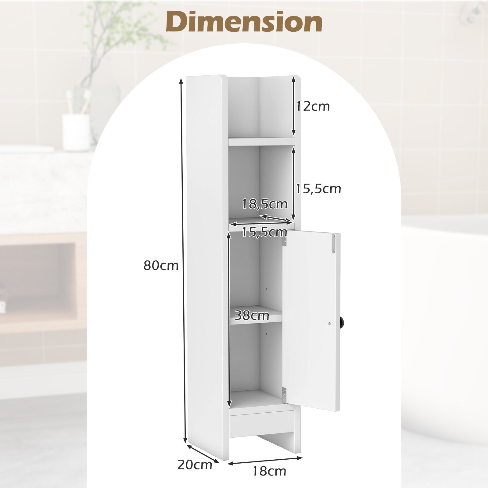 Colonne de Salle de Bain, Petit Armoire d'angle Etroit pour Papier Toilette avec Porte & Étagère Réglable, Gain de Place, 20 x 18 x 80 cm, Blanc - 5