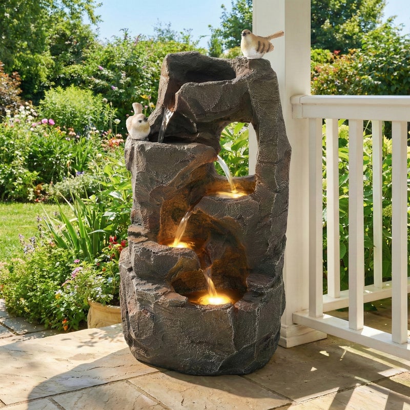 Fontanna ogrodowa z żywicy 5-poziomowa z oświetleniem LED – 25,5 x 19 x 47 cm – pompa 300 l/h – wzór ptaka – szara