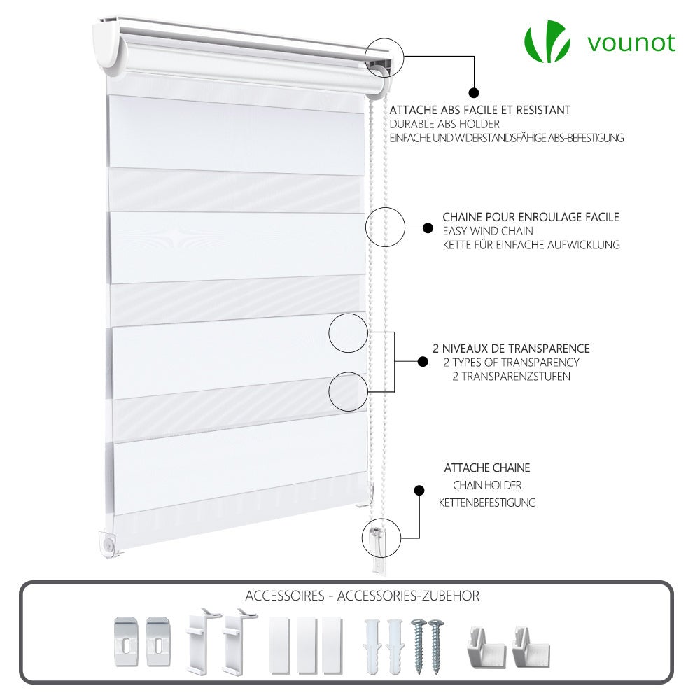 Lot de 2 Stores enrouleur jour/nuit blanc - 100x150cm - sans perçage ou avec - VOUNOT® - 7