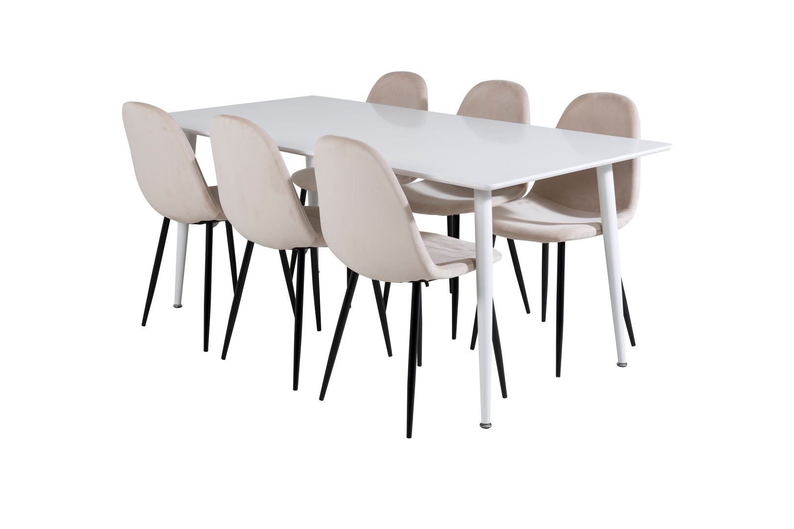 Polar180X90WHWH zestaw do jadalni stół do jadalni biały oraz 6 Polar krzesło stołowe welur beżowy.