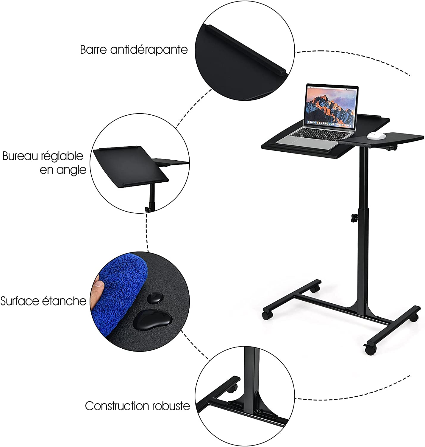 table d’ordinateur à roulettes portable en mdffer hauteur réglable 71-93 cm avec 4 roulettes (noir) - 4