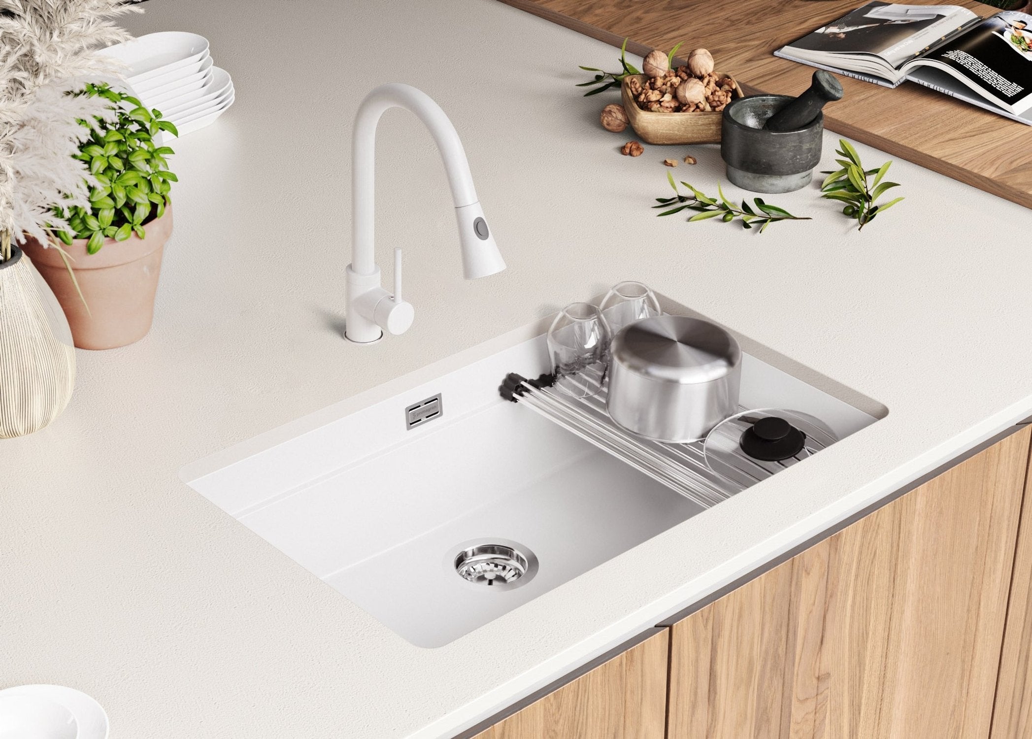 Lava-louça de encastrar Branco 76x47cm, Pia de Cozinha 1 cuba + Kit de drenagem + Kit de acessórios, Pia em Granito em armários de 80cm PRIMAGRAN - 4