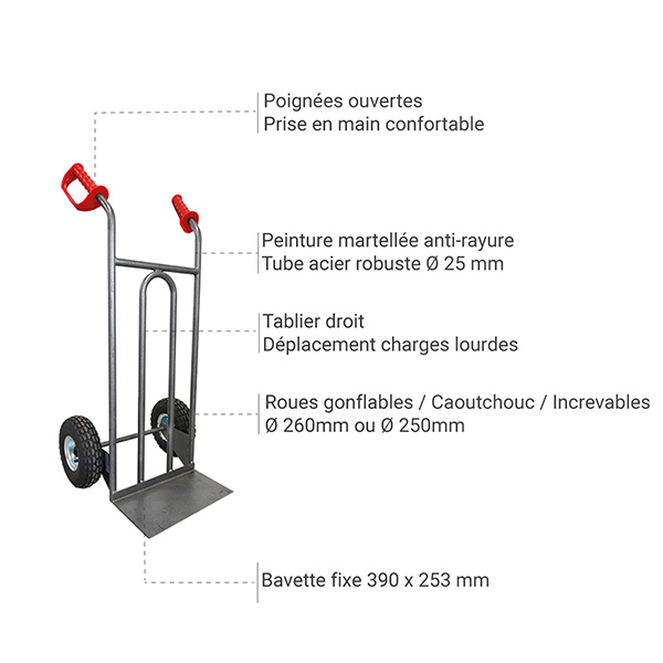 Diable acier pour chantier - Tout terrain - Roues gonflables - Charge max 250kg - DDPO2-RG - 3