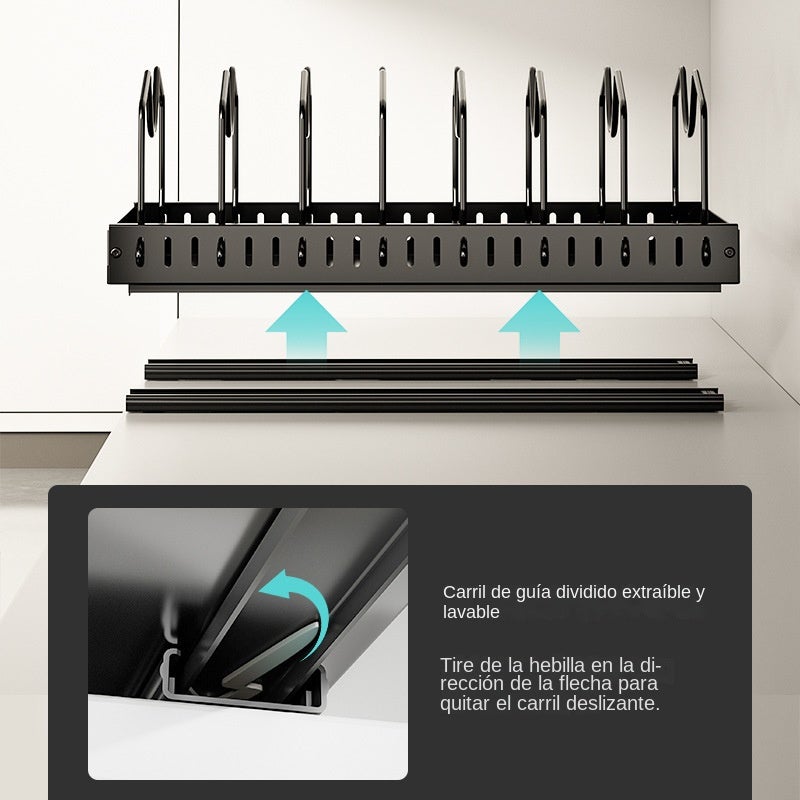 Estante para utensilios de cocina con tirador – Estante ajustable para ollas, tapas y platos,organizador de cocina extraíble para armarios y encimeras - 3