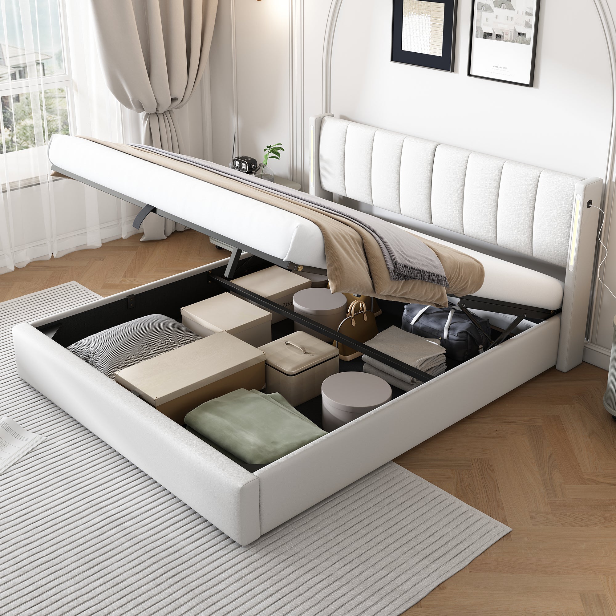 Cama contenedor tapizada en piel sintética - 160x200 cm - con puerto USB y LED - cabecero de ángulo ajustable - Blanco - 2