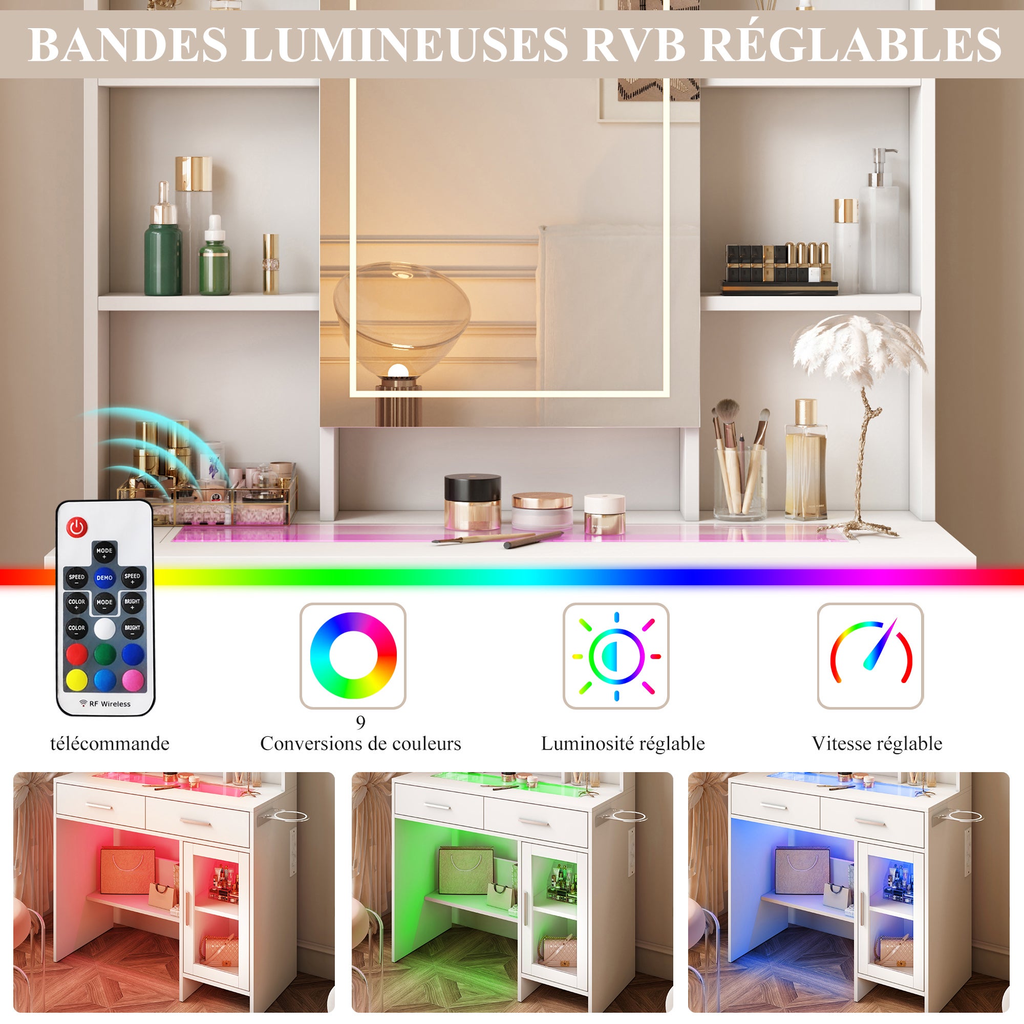 Coiffeuse avec éclairage, luminosité réglable, casiers visuels, miroir LED, avec prises, coiffeuse avec 2 tiroirs, 5 compartiments ouverts, blanche - 4