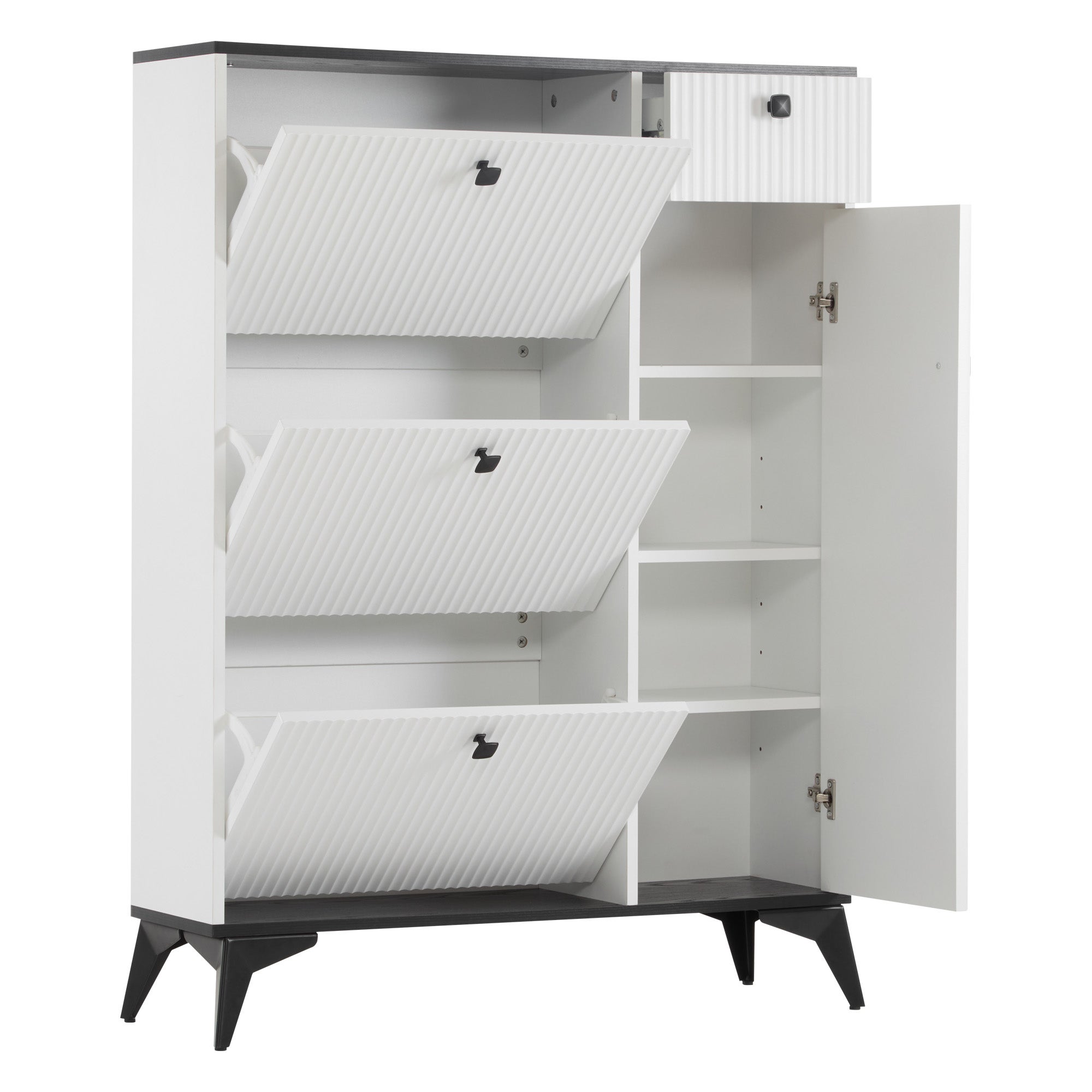 Meuble à Chaussures 3 Portes Abattantes + 1 Porte – Blanc Laqué, Pieds Dorés, étagères Réglables