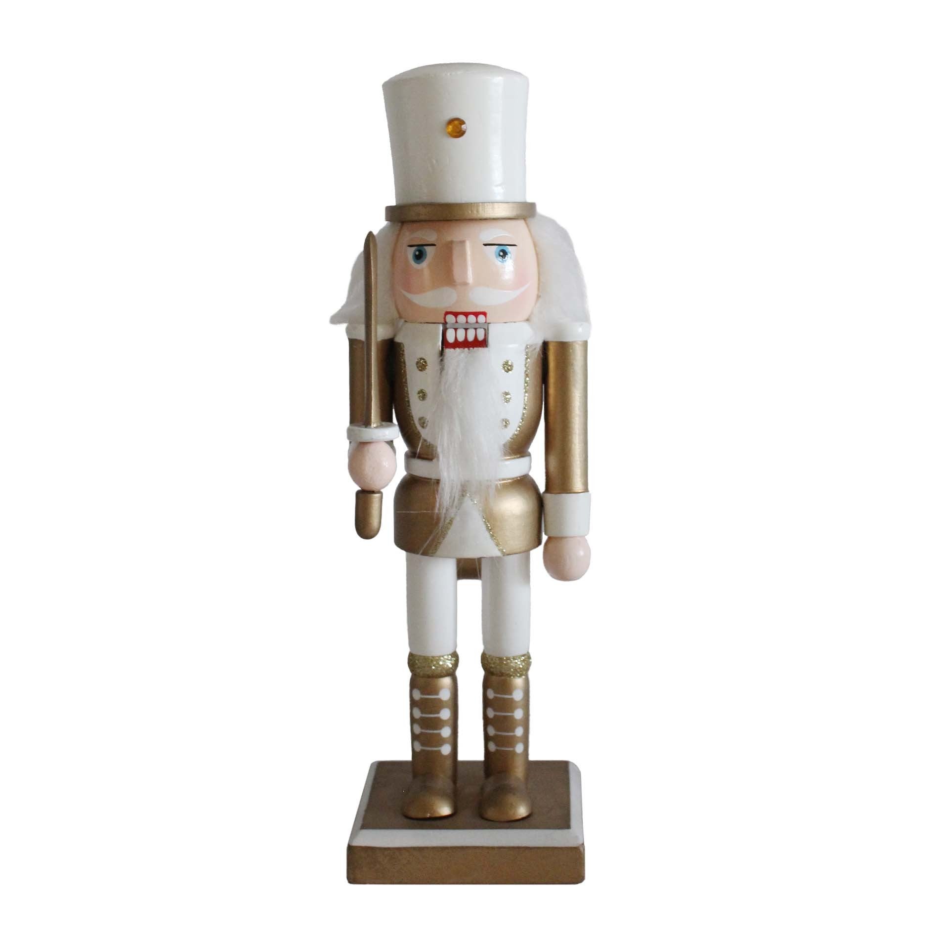 Ornativity Schiaccianoci Di Natale Dorato – 35 Cm, Legno Glitterato Oro E Bianco, Con Mantello In Pelliccia E Bastone