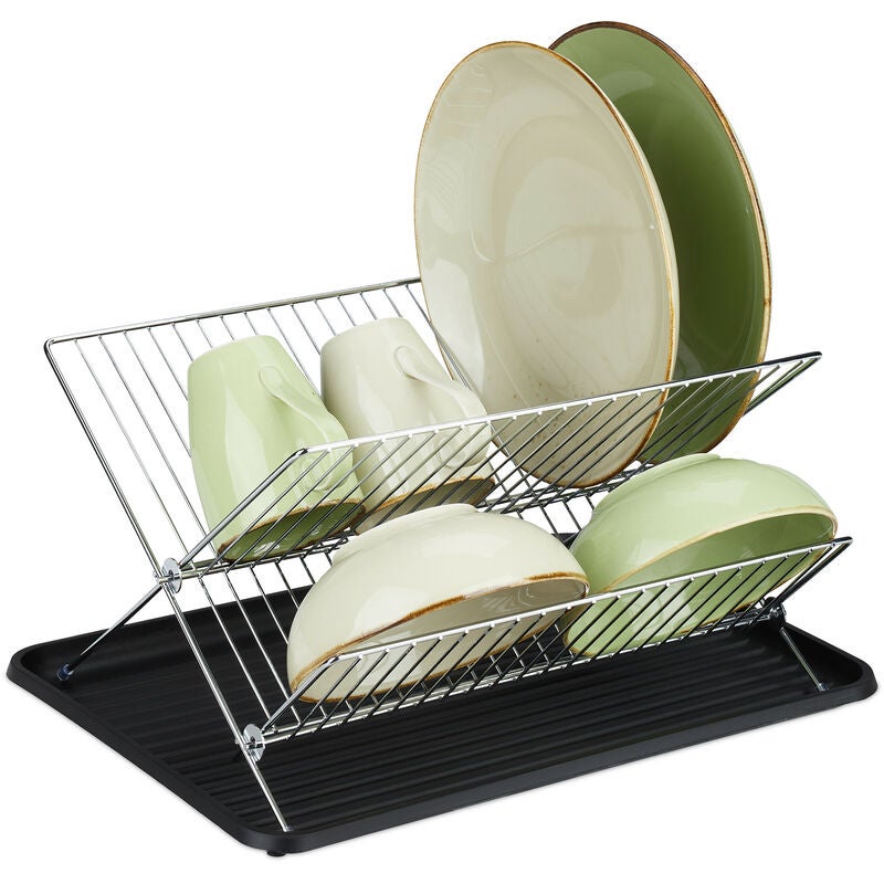 Ociekacz z tacką ociekową, składany koszyk na sztućce kuchenne, suszarka do naczyń, metal, czarny