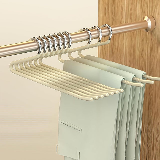 Pack de 10 Perchas para Pantalones Abiertas Antideslizantes, Metal Robusto, Ahorro de Espacio, Beige