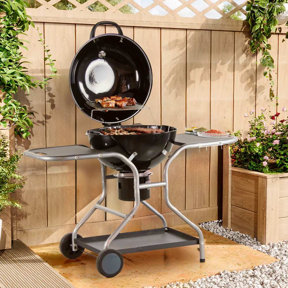 Barbecue in acciaio con coperchio, termometro, ruote, vassoio, affumicatore con ventilazione, 109x60x120 cm, per campeggio e giardino | Leroy Merlin