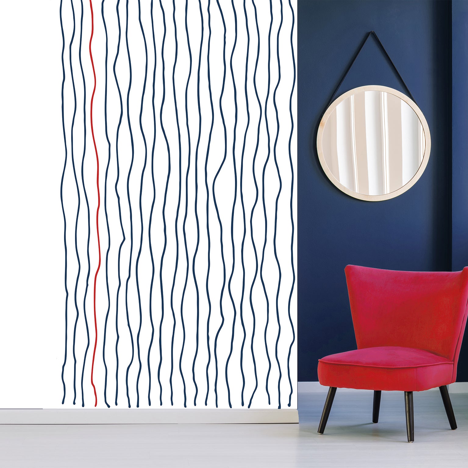 Papelera panorámica con información fría, patrones de ondas verticales azul oscuro, con ondas rojas sobre un fondo blanco, 250 cm x 150 cm