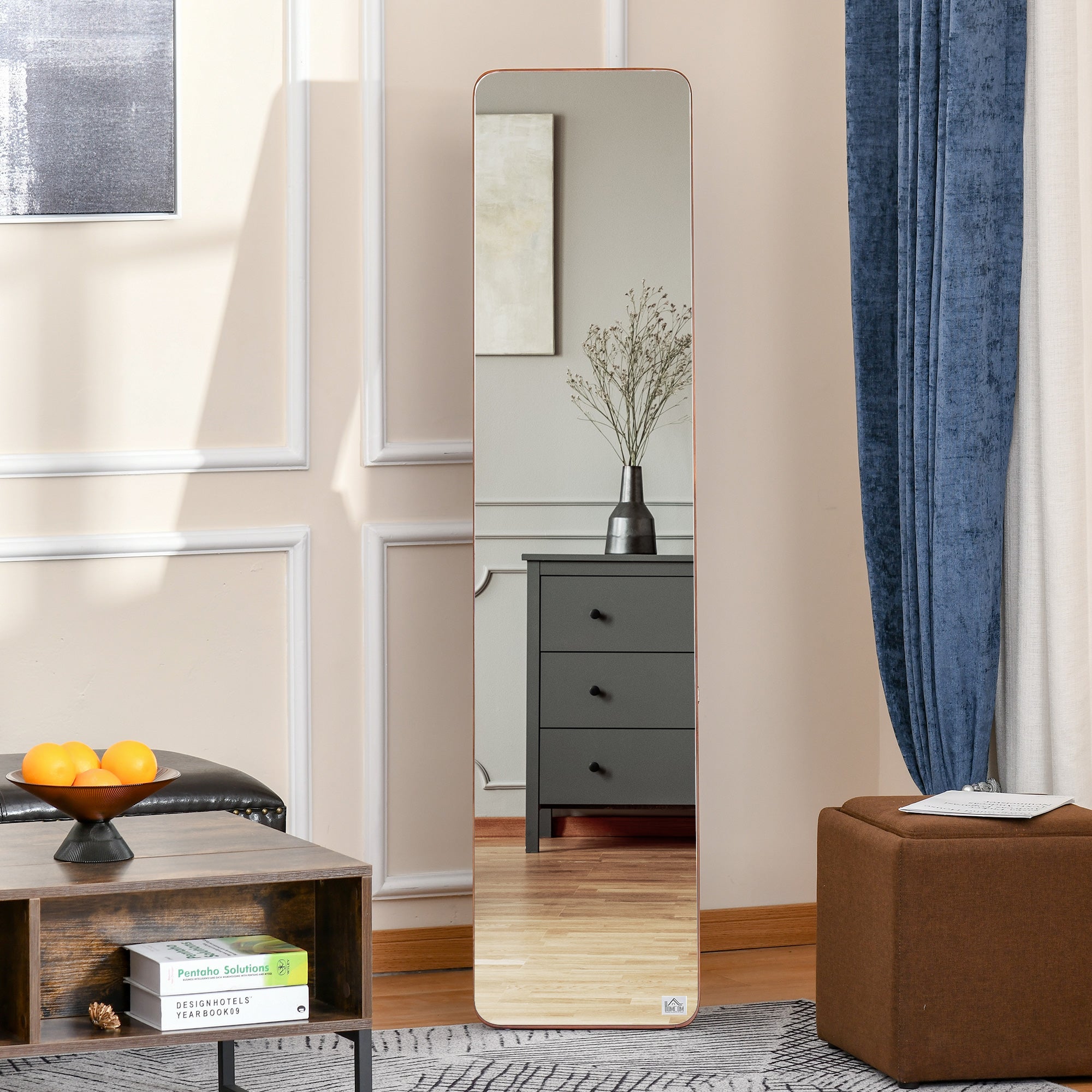 HOMCOM Specchio Da Terra E Da Parete Con Struttura In Legno, Supporto Pieghevole Con Cerniera, 37x43x156cm, Noce Chiaro - 4