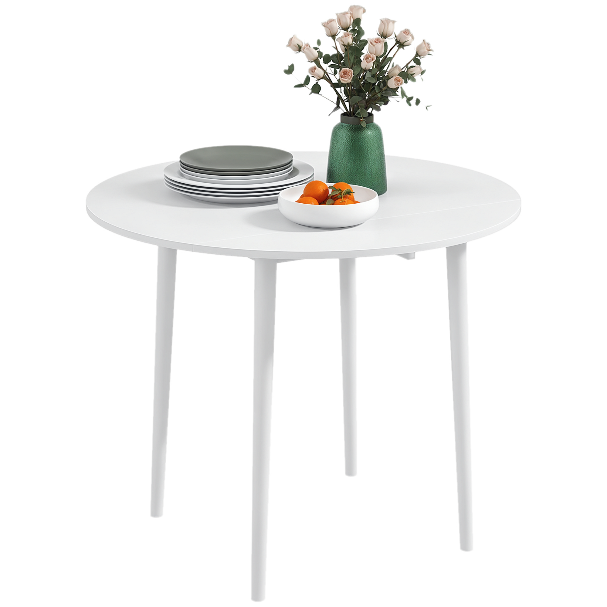 Mesa de comedor plegable con 2 alas abatibles, mesa redonda extensible para 4 personas, patas de madera ø 89 x 73,5 cm, blanca
