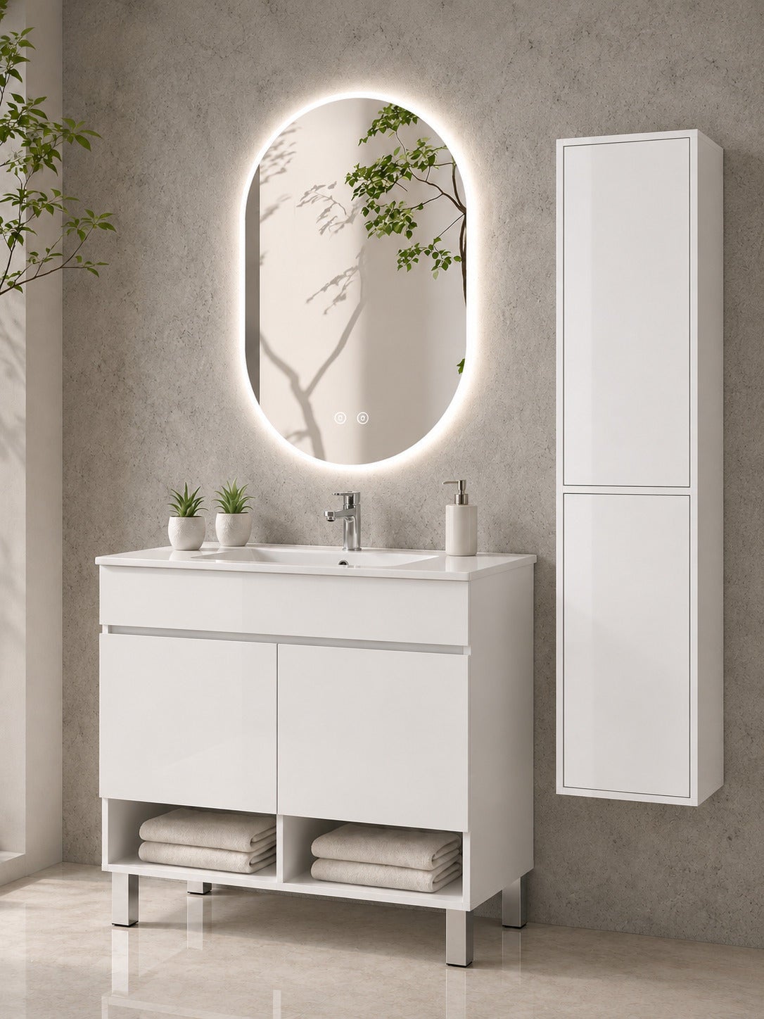 Mobilier de baie cu picioare cu lavoar ORIGENBATH NEBARI cu picioare și uși cu coloană 100x40 cm alb cu coloană