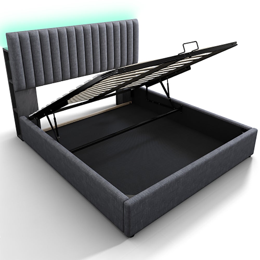 Lit adulte Lit coffre avec espace de rangement lit double LED tête de lit réglable sommier à lattes 160x200 cm gris avec matelas - 2