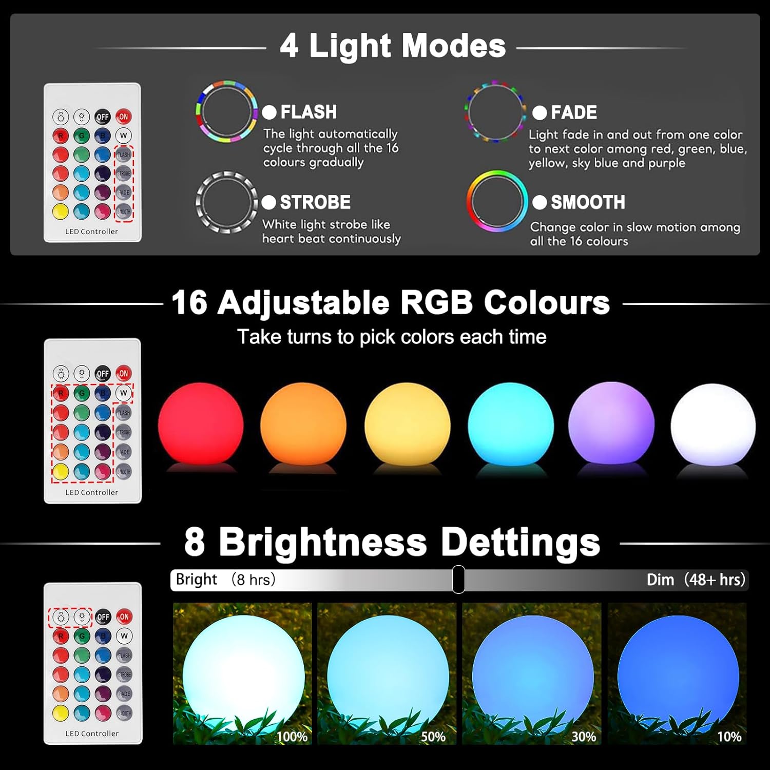 RGB Lampe Solaire pour Jardin D'Extérieur, Lumineuse Exterieure 30CM/12 Inch Boule, IP66 Kit Eclairage Solaire à Intensité Variable Decoration Terrass - 5