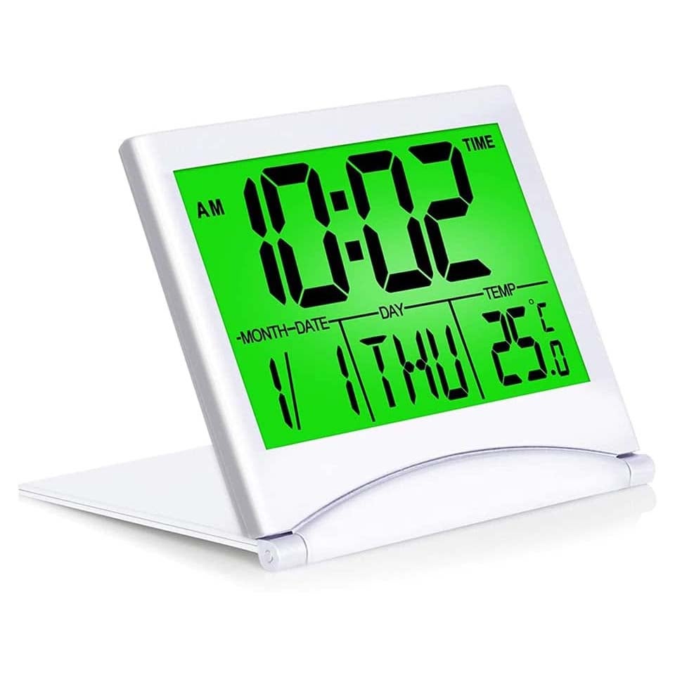 Cyfrowy budzik podróżny składany z ekranem LCD, kalendarzem i temperaturą, kompaktowy i lekki, łatwy do przenoszenia, idealny do biura i podróży