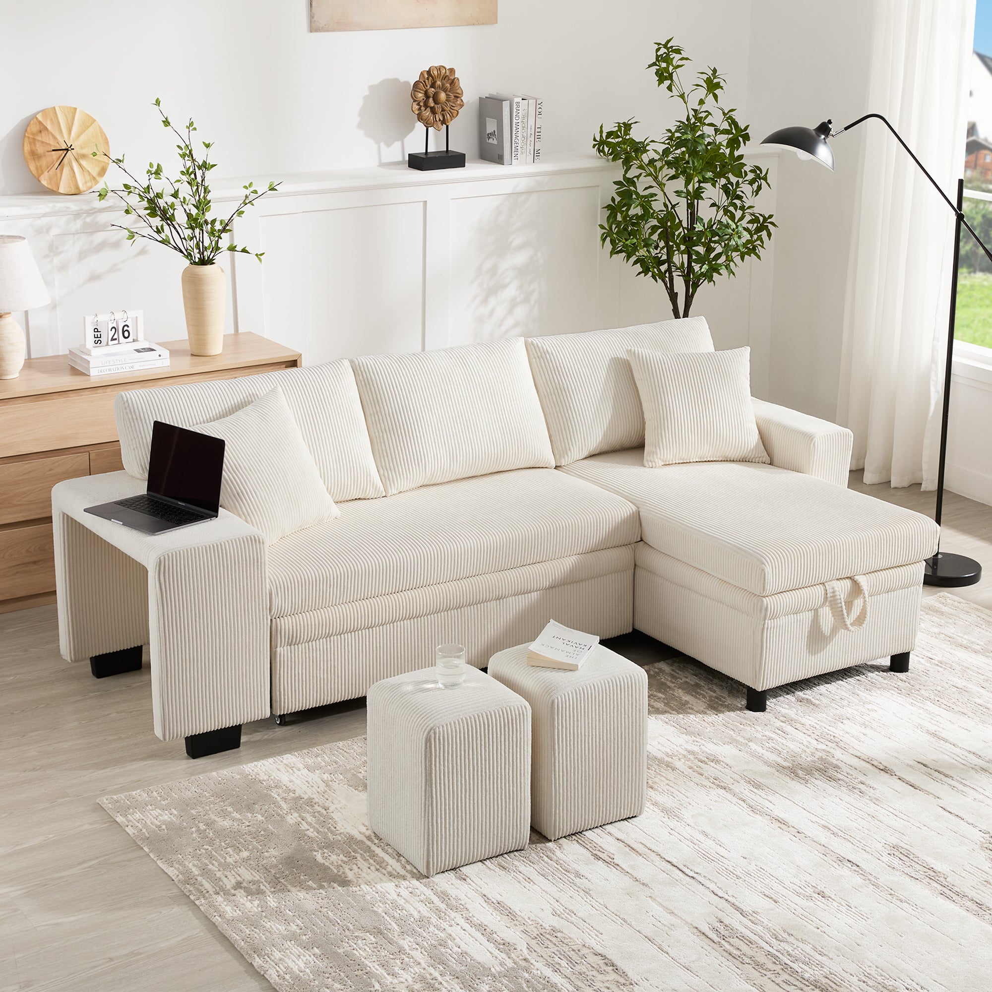 Canapé d'angle 3-4 places convertible en lit avec prise de USB et tablette latérale - 209 x 130 x 84 cm - Tissu Velours - 2 tabourets - beige - 3