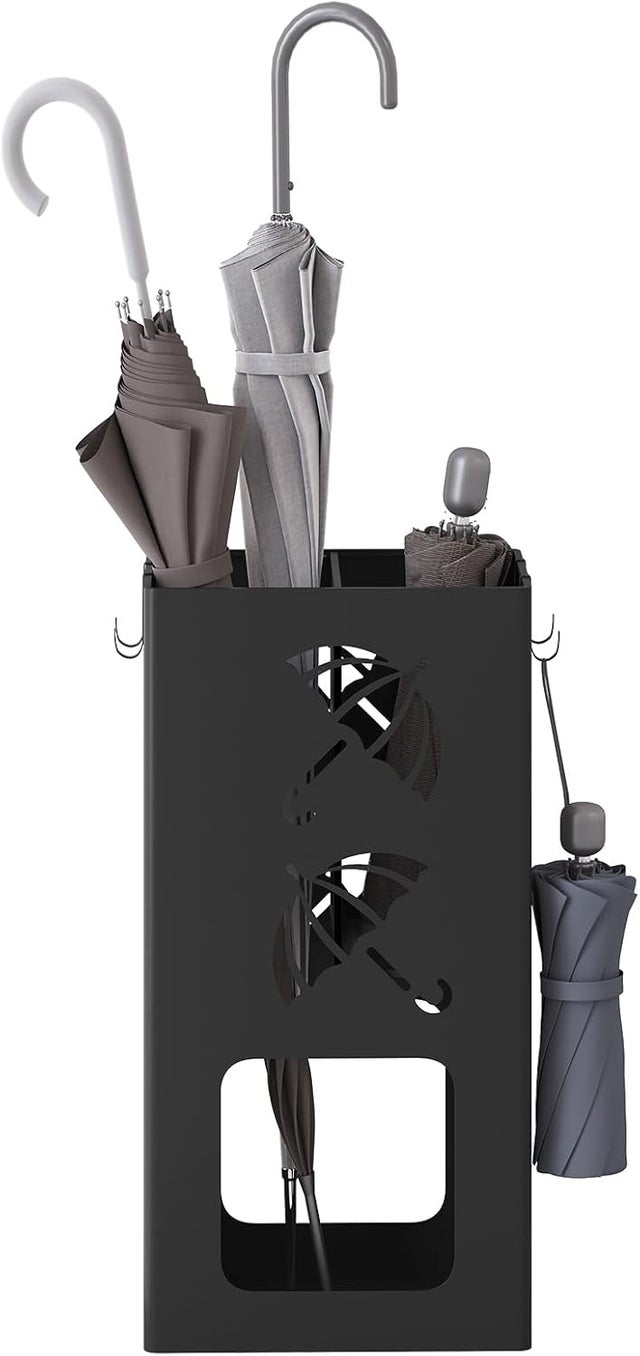 Porte-Parapluie avec 4 Crochets WOLTU, Porte-Parapluie avec 2 Zones Séparées, en Métal Antirouille, Noir