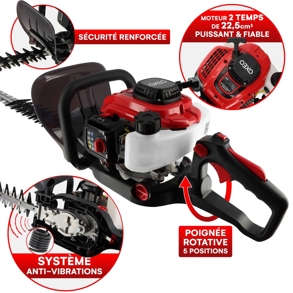 Taille haie thermique PRO - Moteur 2 temps 22,5 cm³ - Grande Lame 76cm - léger - Anti-vibrations - Poignée rotative - 2