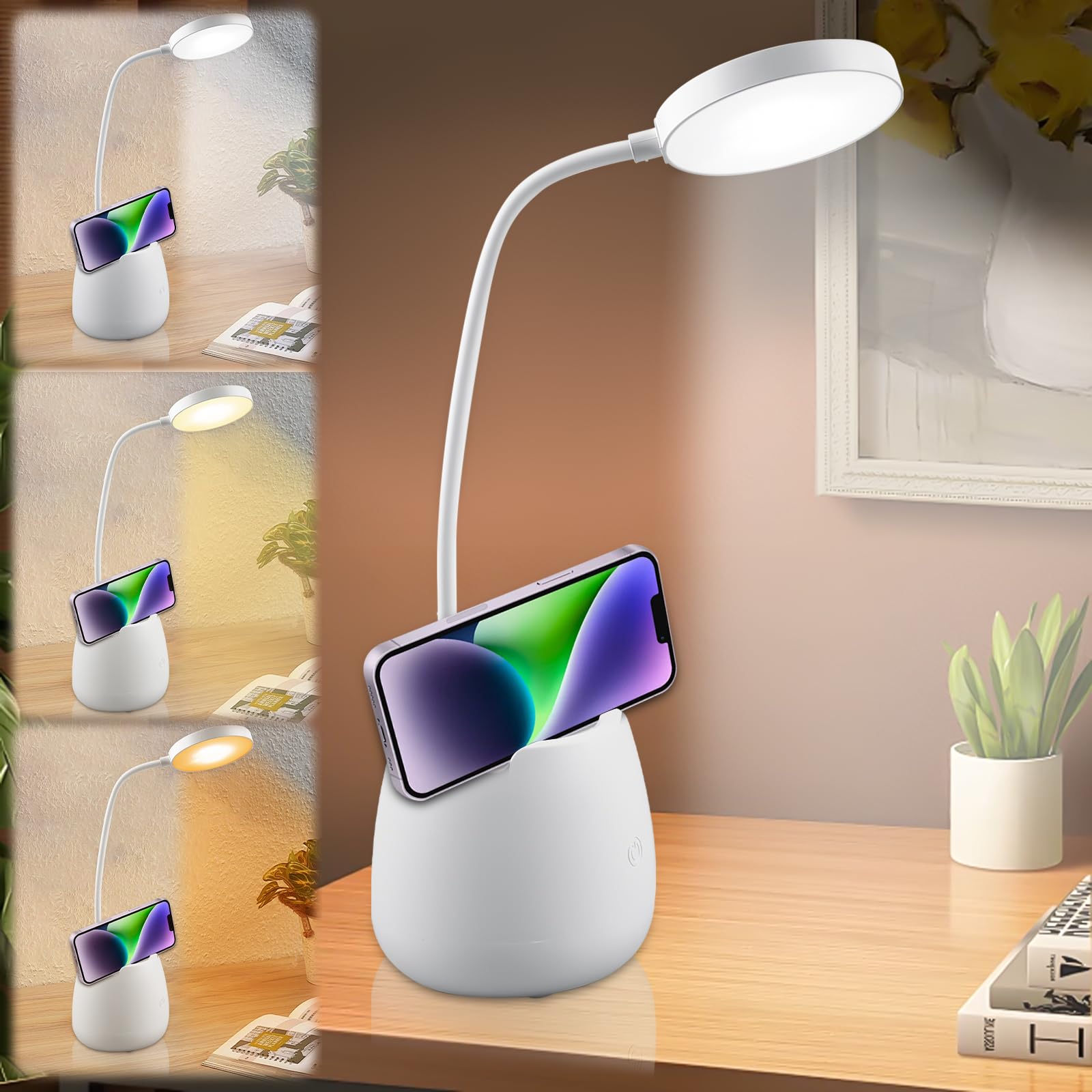 Lampa biurkowa LED - akumulatorowa lampka do czytania - 3 temperatury barwowe - z uchwytem na telefon komórkowy - odpowiednia do pracy