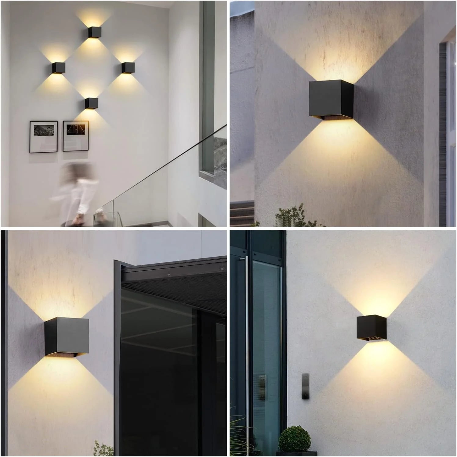 GOECO Lot de 2 appliques murales intérieures/extérieures, 12W, étanches IP65, 3000K, appliques murales carrées pour porche, couloir, salon - Noir - 8