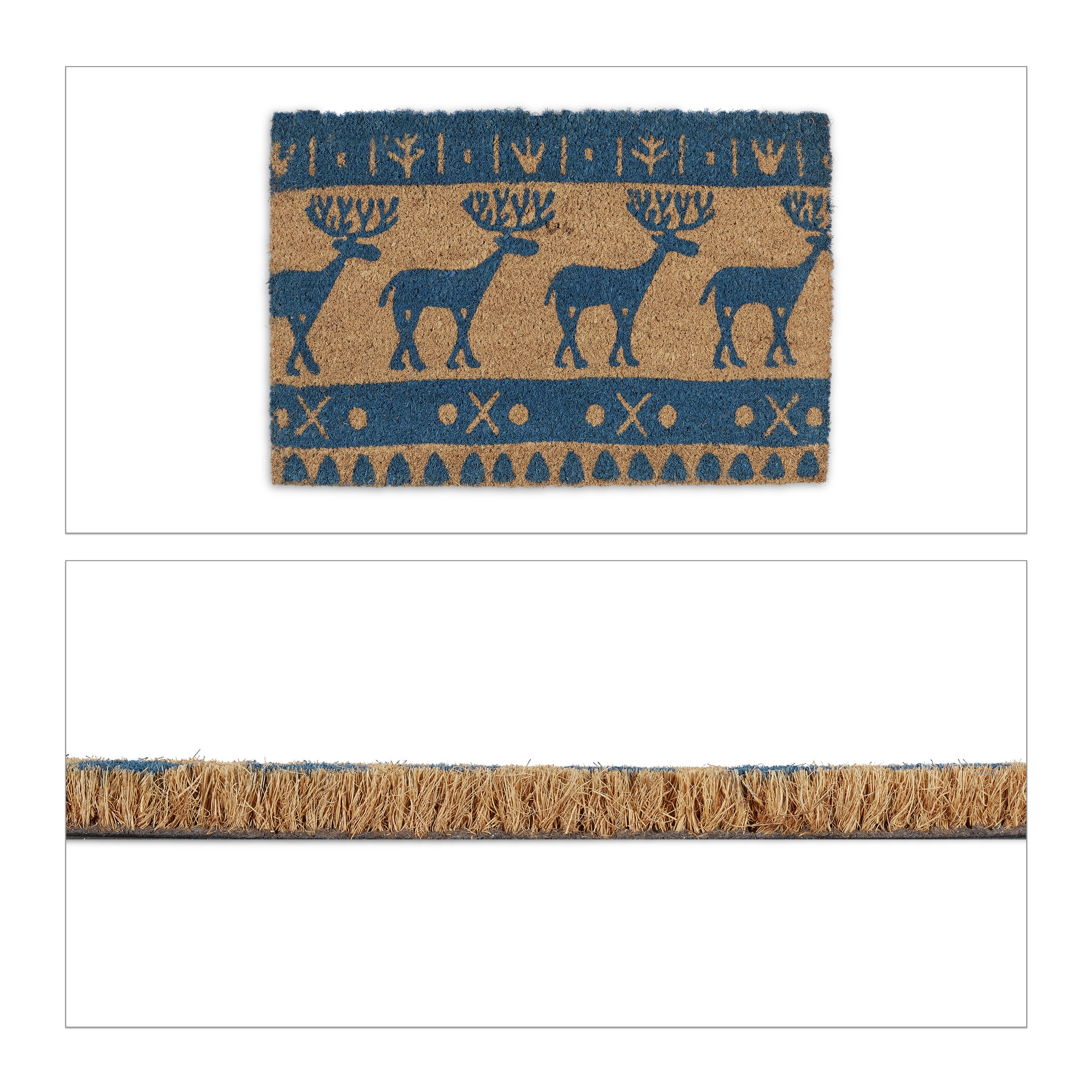 Relaxdays Paillasson coco, Noël, renne, 60x40 cm, tapis d’entrée pour intérieur et extérieur, antidérapant, bleu/nature - 8