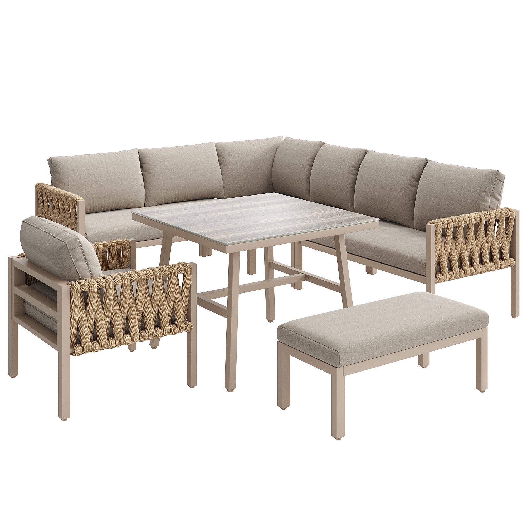 Salon de jardin modulable en fer galvanisé : 1 canapé 4 places + 1 canapé 2 places + 1 fauteuil et 1 banc + 1 table basse - Beige - 7