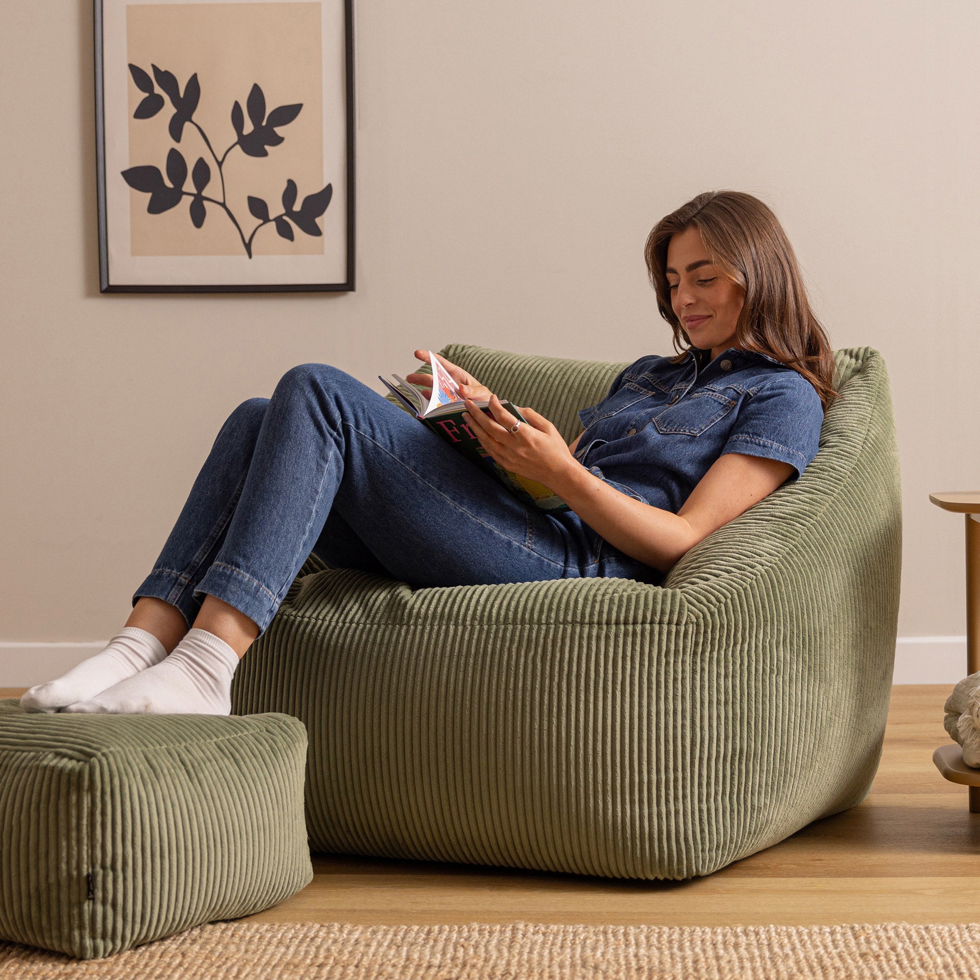 Pouf fauteuil avec repose-pied carré Icon velours côtelé vert sauge 97x84cm Oeko-Tex® - 3