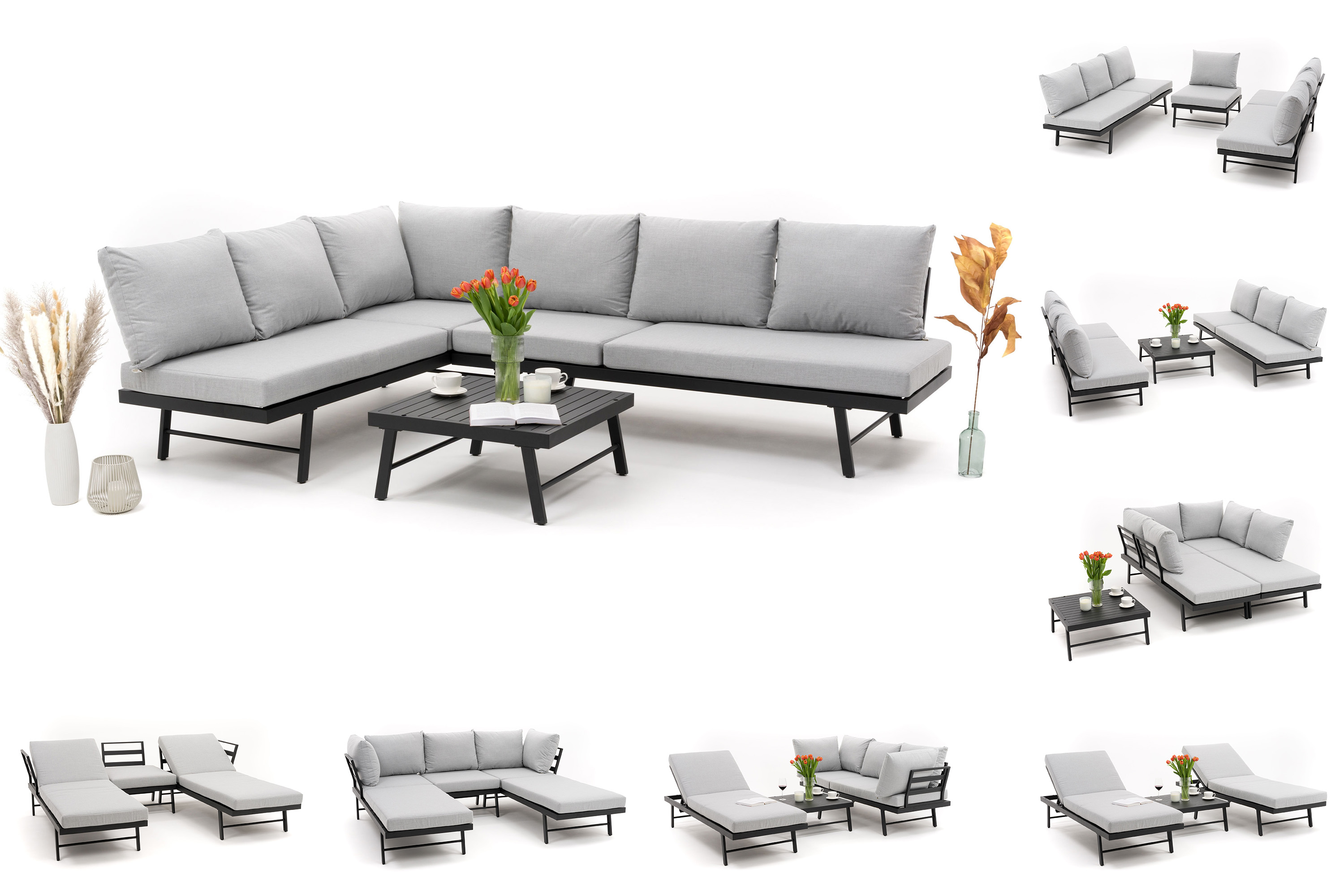 Zestaw mebli ogrodowych modułowych narożnik sofa fotel aluminowy BORA szaro grafitowy