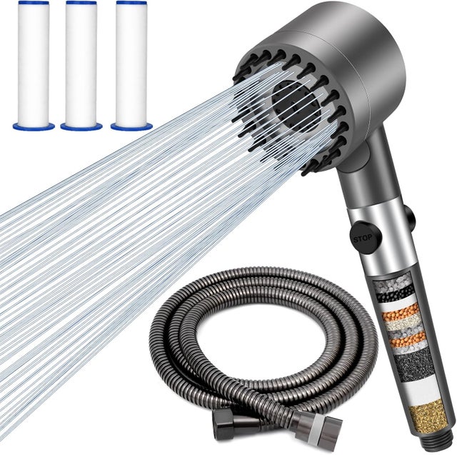 Pommeau de Douche Haute Pression, Anti Calcaire Pomme de Douche Economie Deau Poire de Douche Filtrant Douchette avec 1.5M Tuyau 3 Types de Jets Filtr