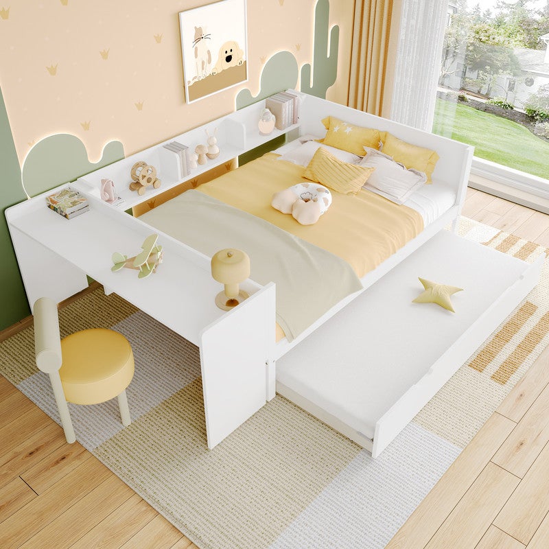 Podwójne łóżko dziecięce 140x200 cm - Z biurkiem - Z łóżkiem wysuwanym - Z listwową podstawą - Lite drewno - Biały (bez materaca)