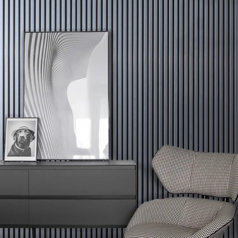 Mur TV - Lot de 5 Panneaux tasseaux bois 250 x 30 x 1,9 cm - alu/feutrine noir - 3,75m² - 5