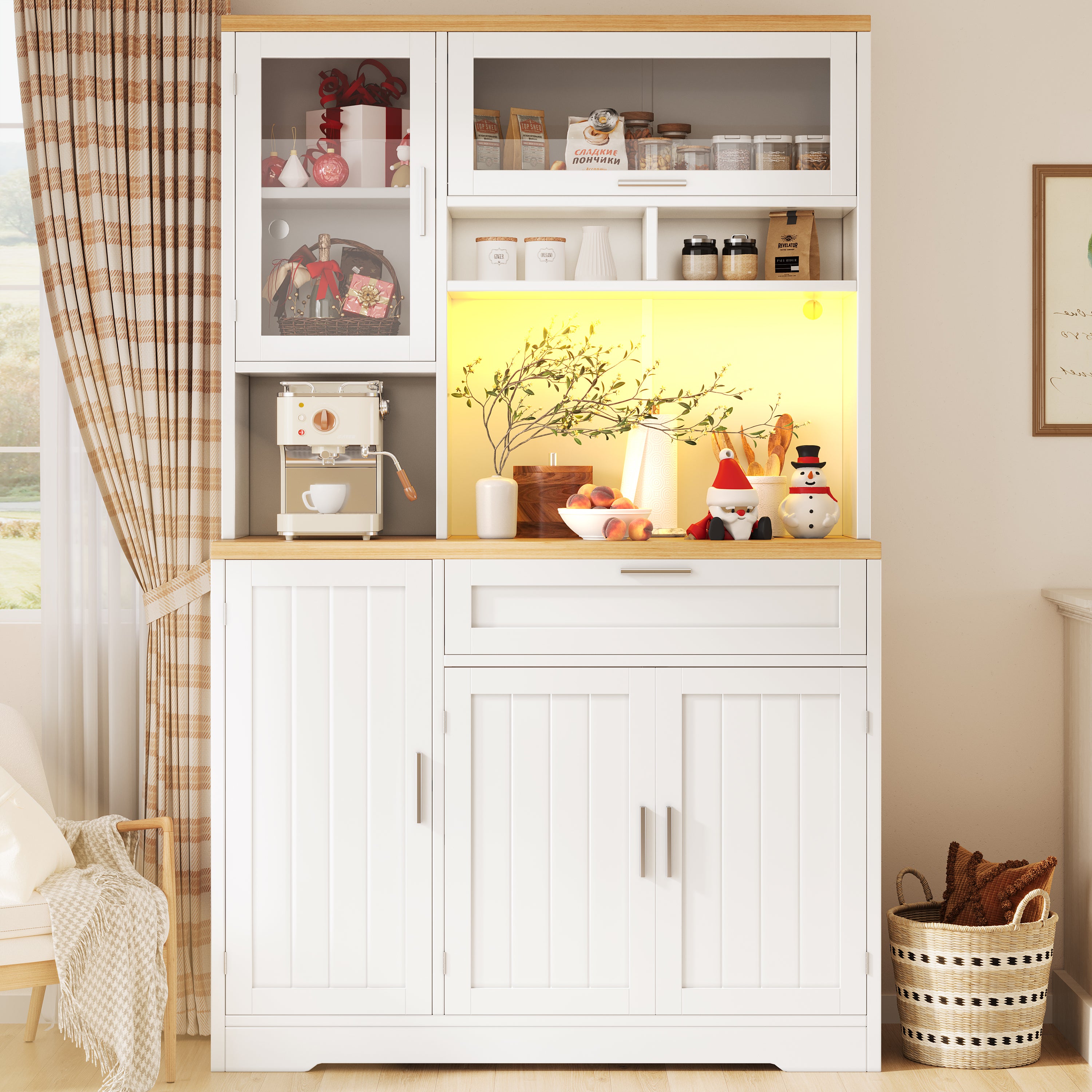 Buffet haut vaisselier de cuisine 104x40x180cm avec éclairage LED intégré, vitrine de rangement moderne pour salon, grande capacité, Blanc - 3