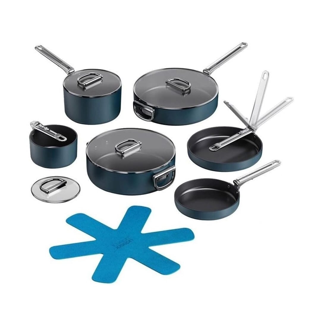 Set di Pentole e Padelle Antiaderenti 11 Pezzi con Manico Rimovibile: Design Impilabile per Forno, Gas, Induzione e Lavastoviglie, Senza PFAS (Blu