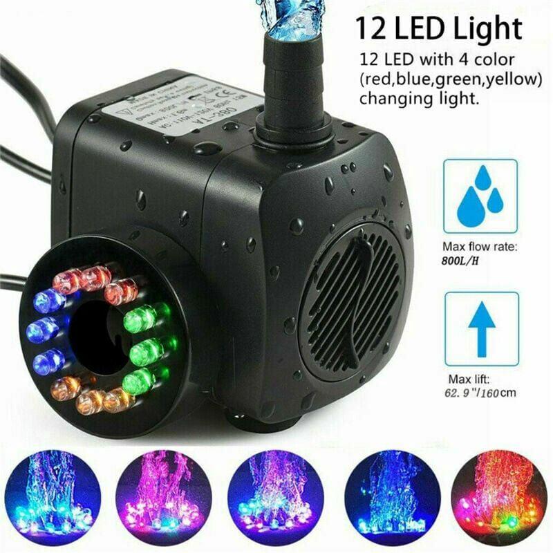 Pompa fontannowa 15W, przepływ 800L/h, z 12 wbudowanymi diodami LED, idealna do oczek wodnych i ogrodów.
