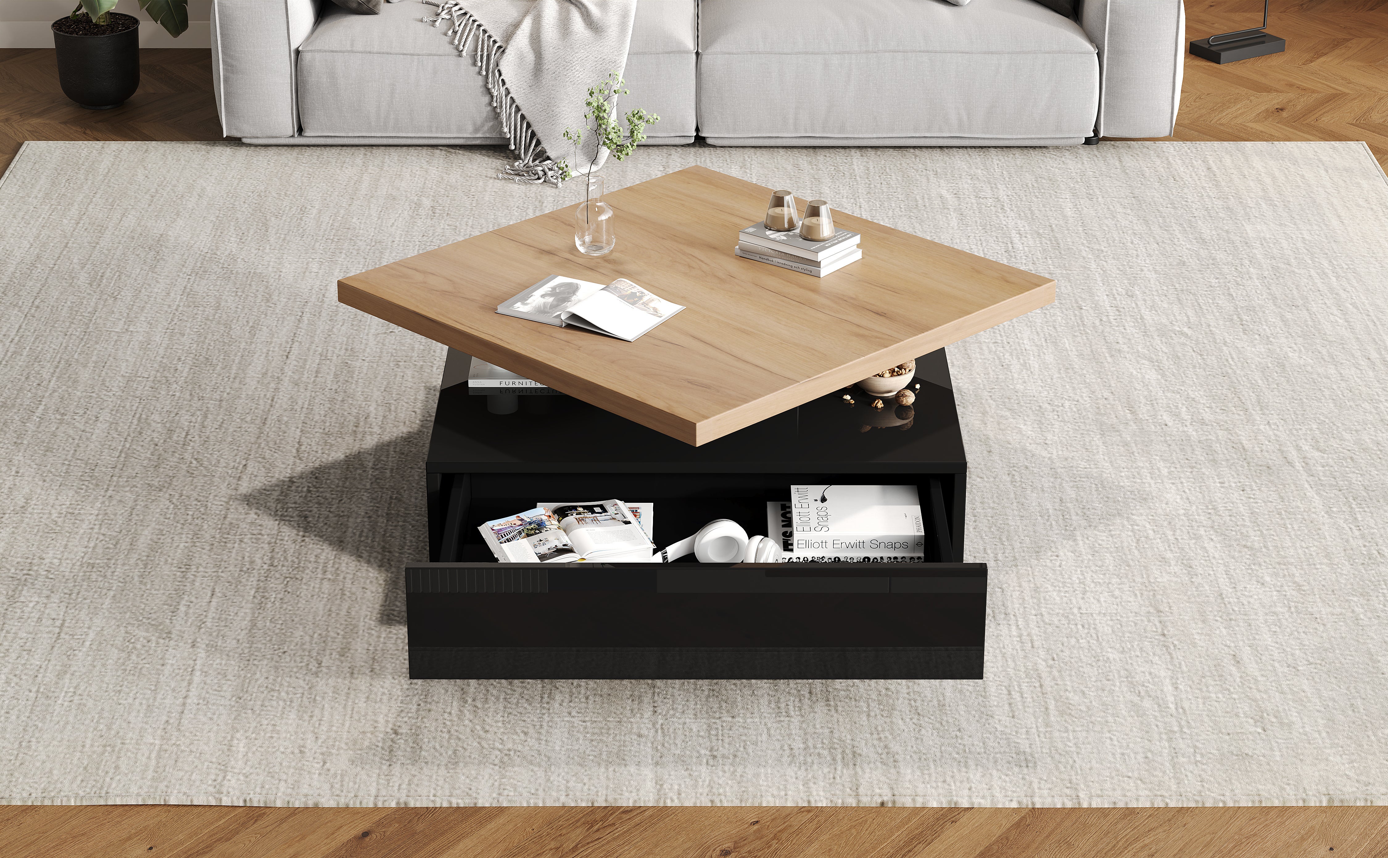 Stolik kawowy kwadratowy z obrotowym blatem i 1 szufladą - 70 x 70 x 36 cm - Płyta wiórowa - Drewno naturalne i czerń - 8