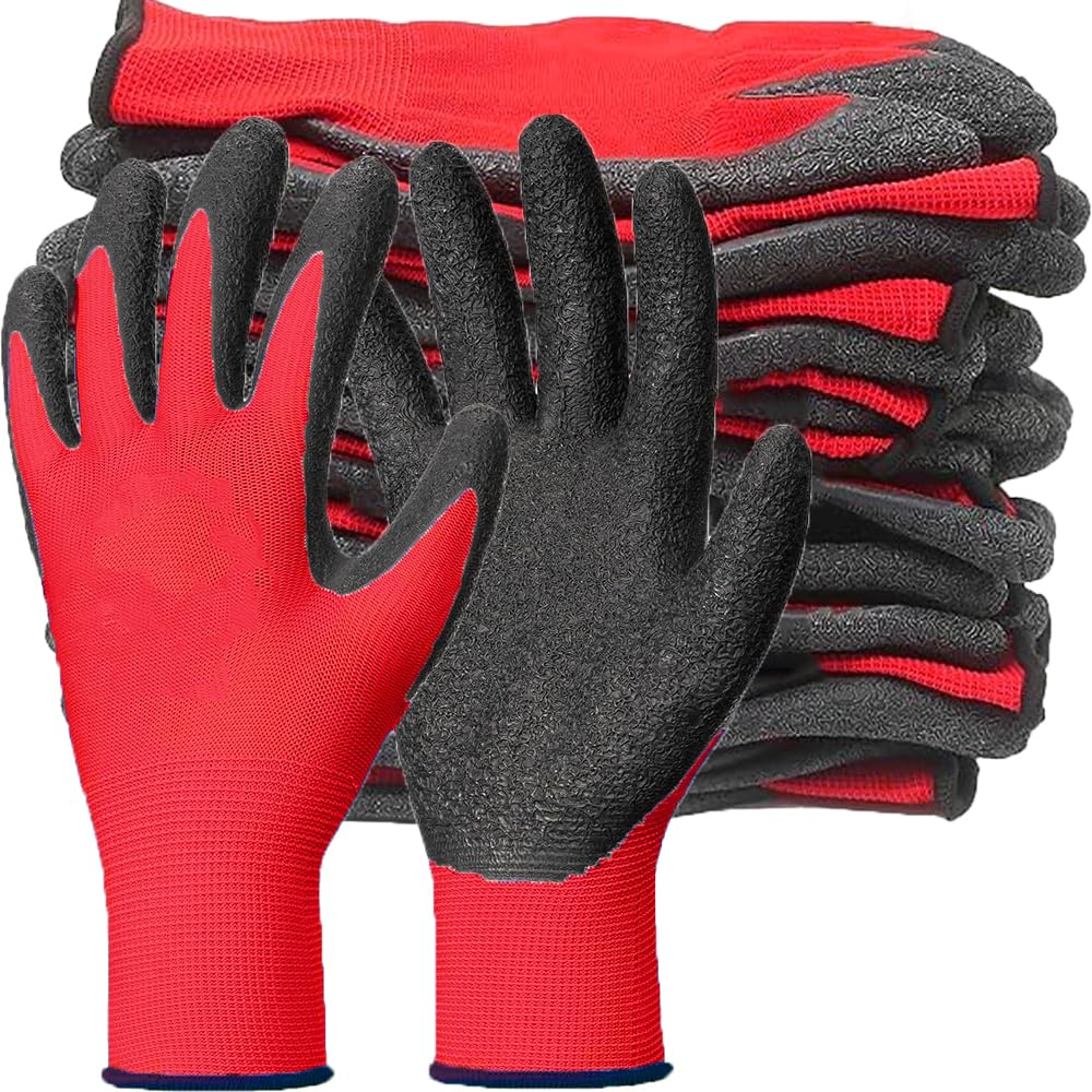 12 par czerwonych rękawic ogrodniczych (22-24 cm), unisex, z oddychającą powłoką gumową, pewne dopasowanie, antypoślizgowe