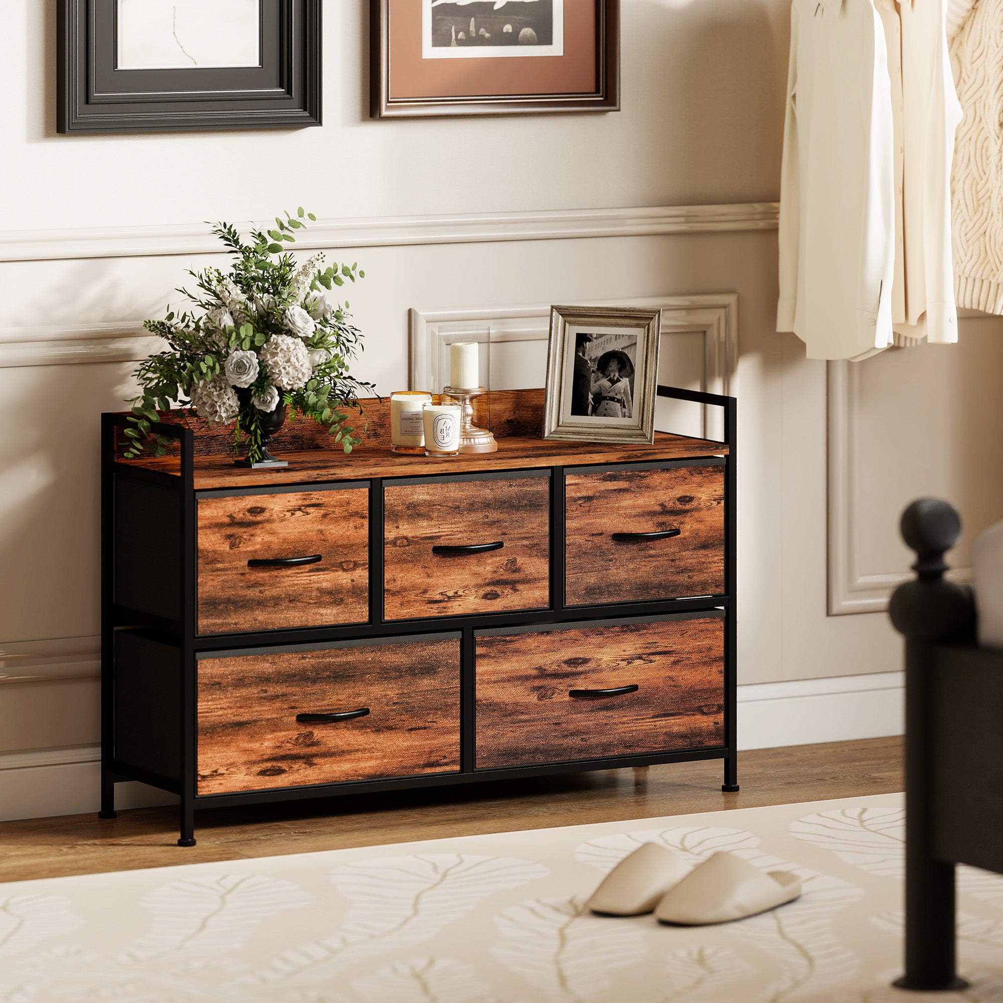 Commode, meuble de rangement avec 5 tiroirs en tissu pliables, plateau ...