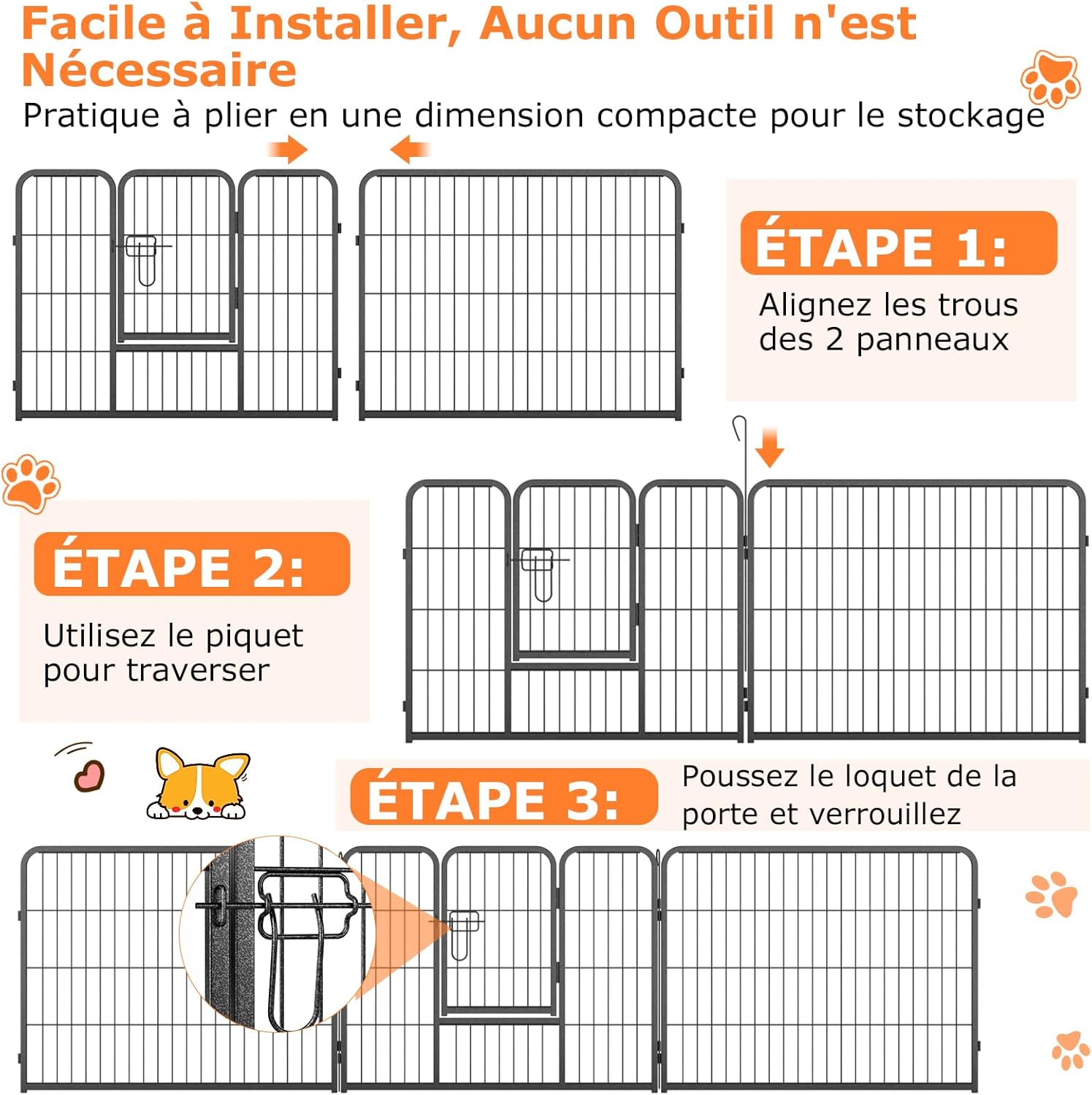 Pista para cães interior/exterior, 8 painéis, pista para cães dobrável portátil com porta, 8 estacas no chão, rotação de 360°, (79 × 60 cm) - 8