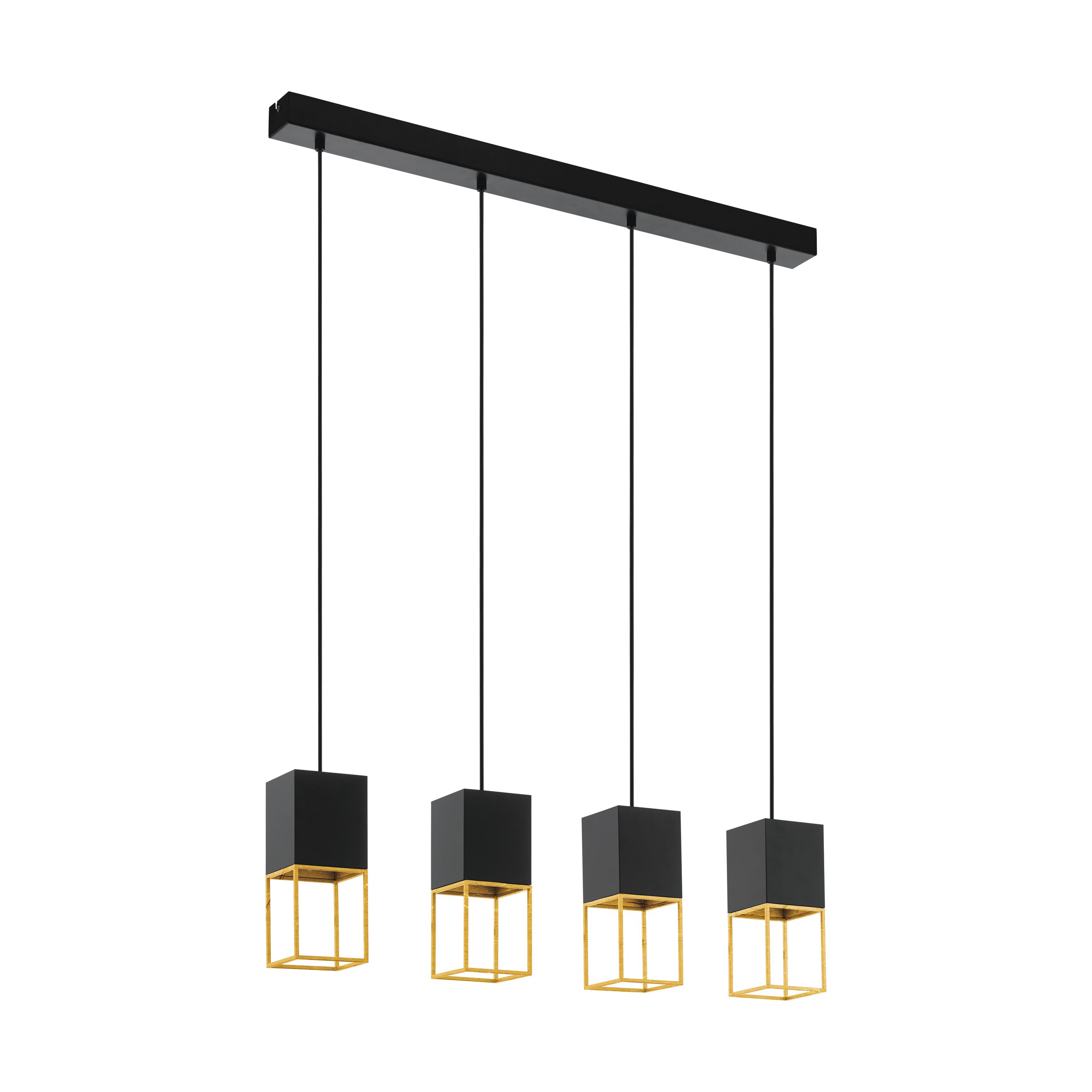 Suspension Luminaire Cameron - 4 Ampoules E14, Abat-jour Tissu Noir/or, Poutre Bois - Hauteur Réglable Jusqu'à 150 Cm