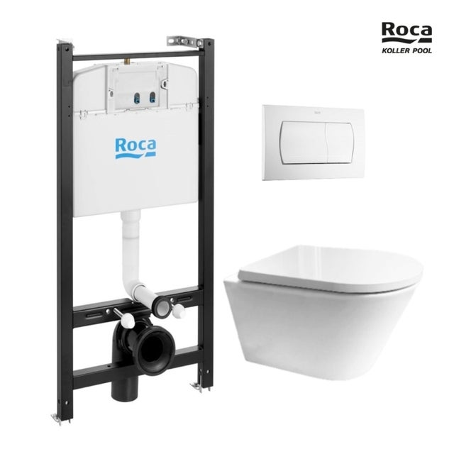 Bastidor empotrado ROCA Active Pack cisterna y pulsador blanco brillo con inodoro suspendido Orion blanco Vortex y tapa envolvente de Koller Pool