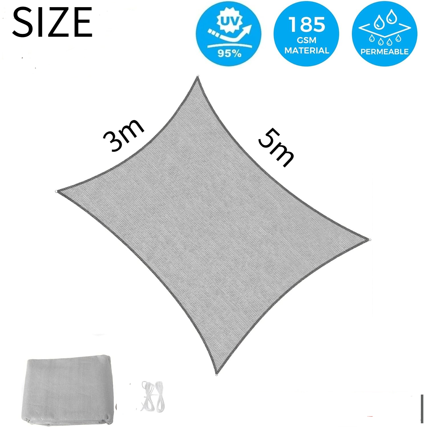 Voile d'ombrage rectangulaire, anti-UV, pour terrasse, jardin, pelouse, activités de plein air, plage, 3 x 5 m, gris. - 3